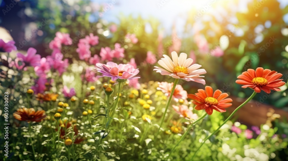 Fototapeta premium Colorful beautiful flowers Zinnia spring summer in Sunny garden in sunlight on nature outdoors