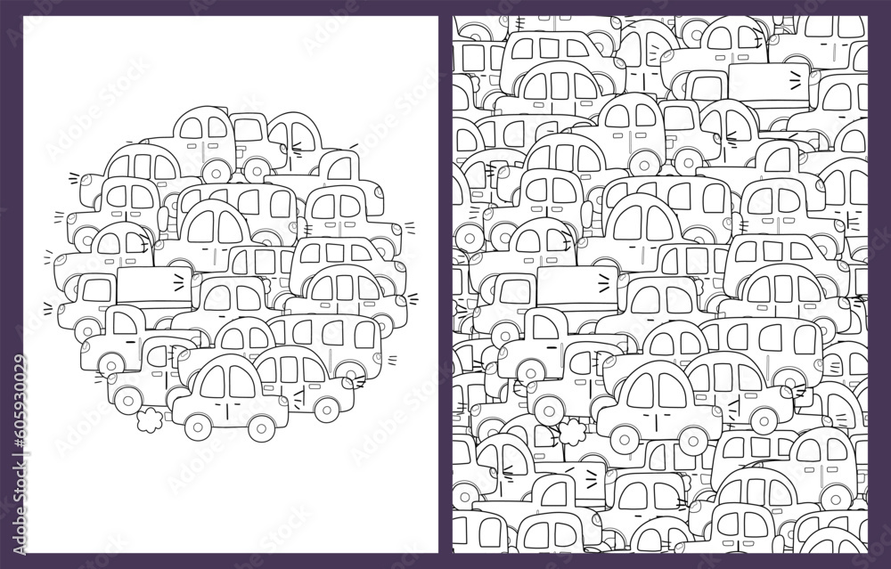Coloring pages set with doodle cars. Outline vehicles background for coloring book. Collection with funny black and white pages for adults and kids. Vector illustration