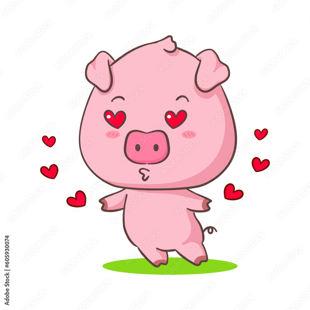 Cute pig cartoon character kissing and falling in love. Adorable animal concept design. Isolated white background. Vector art illustration.