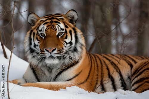 Beautiful Amur tiger on snow. Tiger in winter forest. Critical endangered animals. Amur Siberian tiger is population in the Far East  particularly the Russian Far East and Northeast China