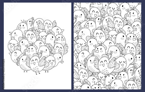 Coloring pages set with cute birds. Doodle animals templates for coloring book in US Letter format. Collection with black and white colouring pages. Vector illustration