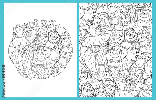 Coloring pages set with cute mermaid cats. Doodle feline animals templates for coloring book in US Letter format. Collection with black and white colouring pages. Vector illustration