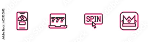 Set line Lucky wheel on phone, Slot machine spin button, Laptop and slot and King playing card icon. Vector