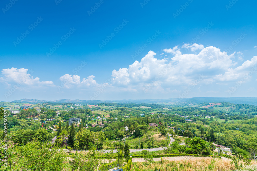 Panoramic high view mountain range on Nature Trail in Khao Kho National Park in Phetchabun,Thailand, blue sky background texture with white clouds