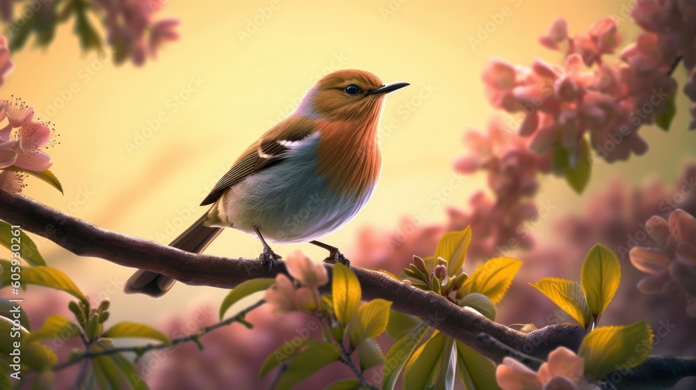 Delightfully beautiful nightingale bird on a flowering tree in spring Delightfully beautiful nightingale bird on a flowering tree in spring