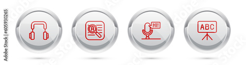 Set line Headphones, Translator, Microphone voice device and Chalkboard. Silver circle button. Vector
