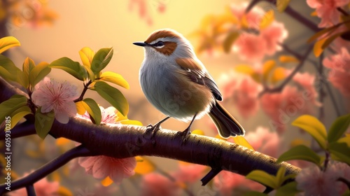 Delightfully beautiful nightingale bird on a flowering tree in spring