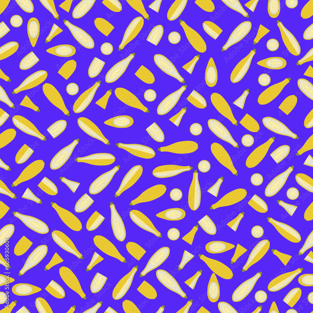 Seamless pattern with StraightNeck or Straight Neck. Summer squash. Fruit and vegetables. Flat style. Vector illustration isolated on purple background. Seamless pattern with StraightNeck or Straight Neck. Summer squash. Fruit and vegetables. Flat style. Vector illustration isolated on purple background.