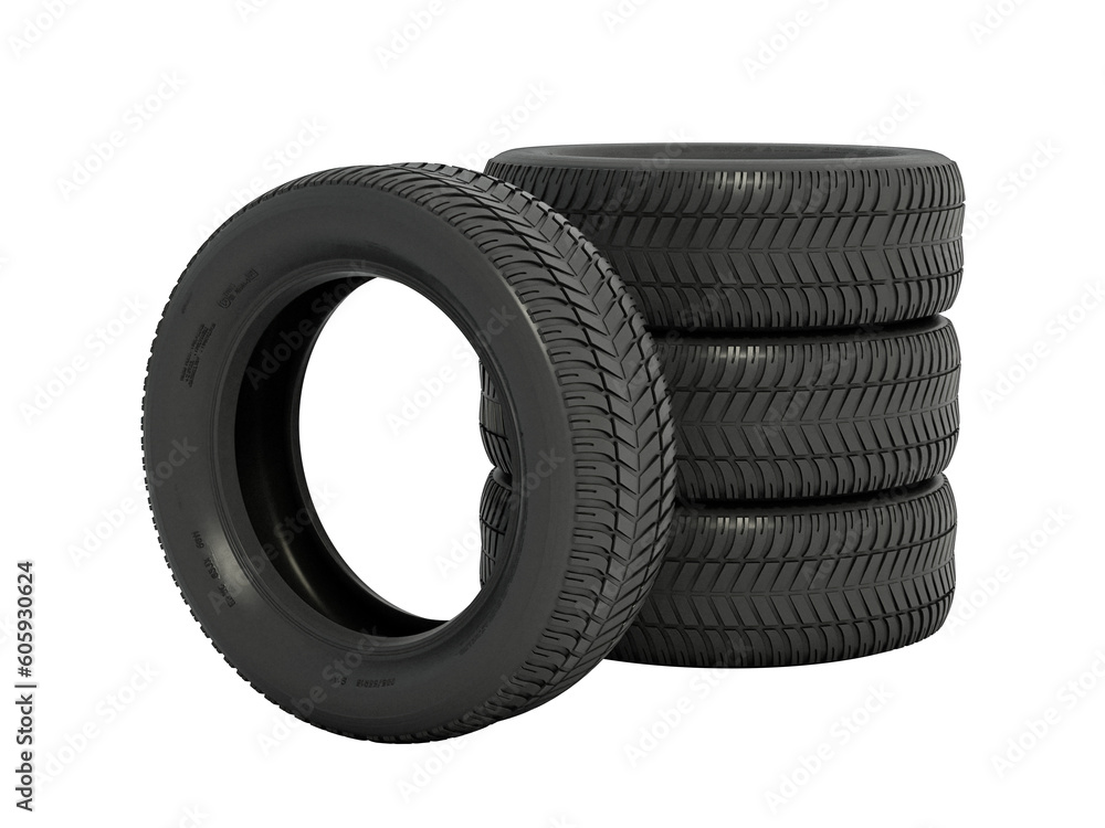 Generic car tyres isolated on transparent background. 3D illustration