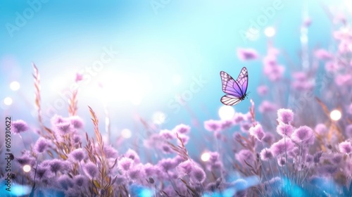 Floral spring natural blue background with fluffy airy lilac flowers on meadow and fluttering butterflies on blue sky background. Dreamy gentle air artistic image. Soft focus