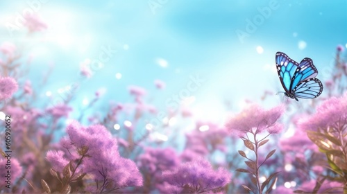 Floral spring natural blue background with fluffy airy lilac flowers on meadow and fluttering butterflies on blue sky background. Dreamy gentle air artistic image. Soft focus © Eli Berr