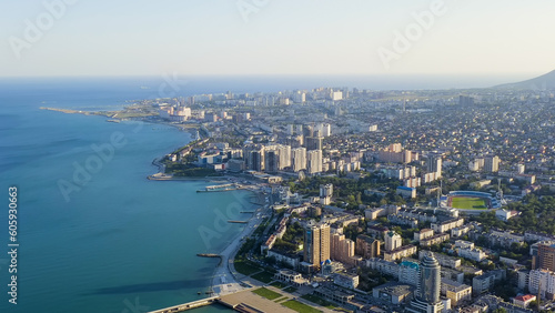 Novorossiysk  Russia - September 16  2020  Panorama of the city and the embankment. Tsemesskaya Bay in the Black Sea  Aerial View