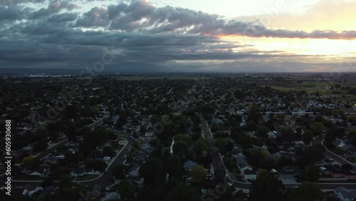 Panorama Of Houses On Suburban Near Sun Valley During Sunset In Idaho. Aerial Shot photo