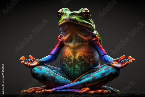 Multicoloured frog doing yoga pose, mindfullness concept, new year's resolution, Mindfulness Day, generative AI © Kien