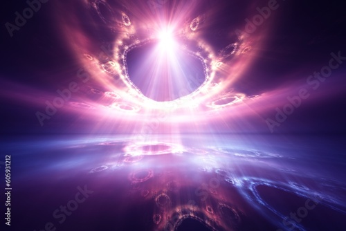 Geometric sunset – abstract fractal illustration of rays of light over an alien sea