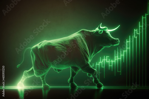 Stock market bull market trading Up trend of graph green background rising price, generative AI © Kien