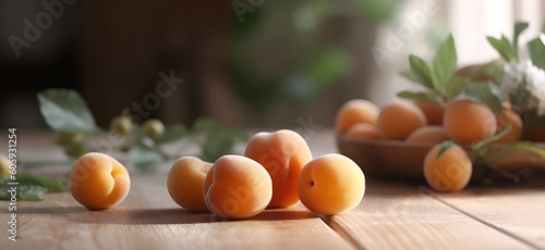 beautiful bright apricot on a wooden table background on a light background. Banner. Generative AI