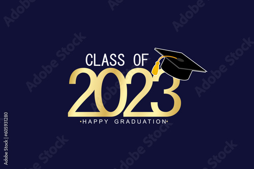 Class of 2023 with Graduation Cap. Golden design isolated on dark blue background