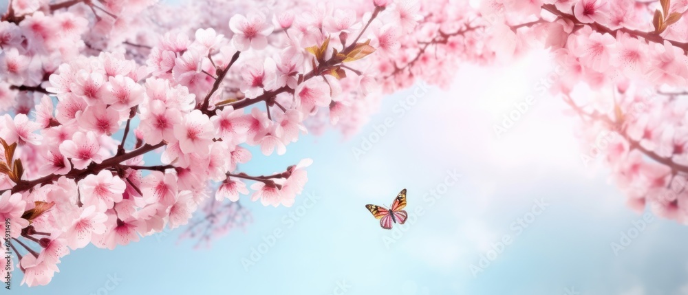 Spring banner, branches of blossoming cherry against background of blue sky and butterflies on nature outdoors. Pink sakura flowers, dreamy romantic image spring, landscape panorama, copy space
