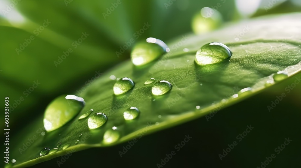 Large beautiful drops of transparent rain water on a green leaf macro. Drops of dew in the morning glow in the sun. Beautiful leaf texture in nature. Natural background Large beautiful drops of transparent rain water on a green leaf macro. Drops of dew in the morning glow in the sun. Beautiful leaf texture in nature. Natural background