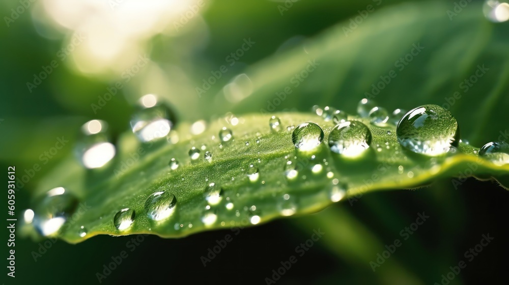 Beautiful water drops after rain on green leaf in sunlight, macro. Many droplets of morning dew outdoor, beautiful round bokeh, selective focus. Amazing artistic image of purity and fresh of nature - obrazy, fototapety, plakaty 