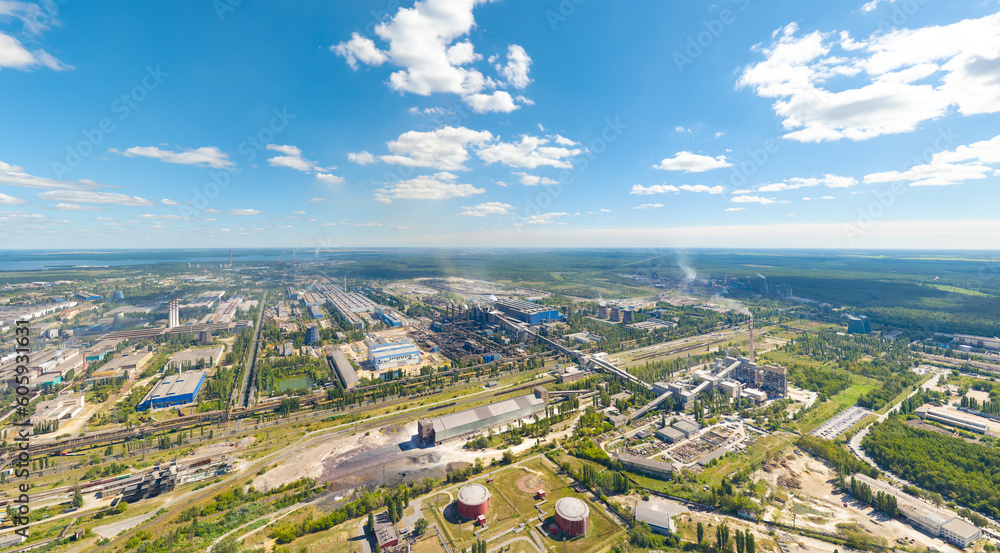 Lipetsk, Russia. Metallurgical plant. Blast furnaces. City view in summer. Sunny day. Aerial view