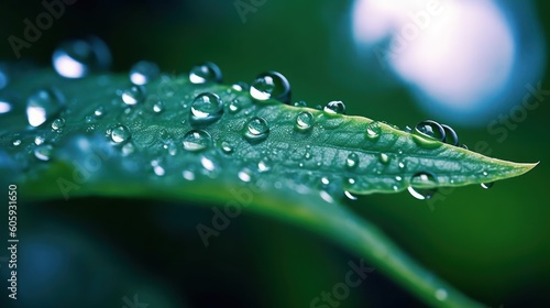 Large drop water reflects environment. Nature spring photography raindrops on plant leaf. Background image in turquoise and green tones with bokeh