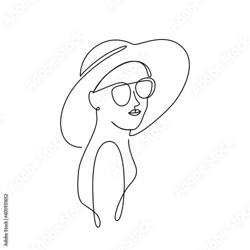GIRL with HAT and SUNGLASSES LINE ART. Vector SUMMER GIRL Continuous Line Drawing print poster, card, sticker tattoo, tee with woman in hat and sunglasses. One Line art Hand Drawn simple Illustration