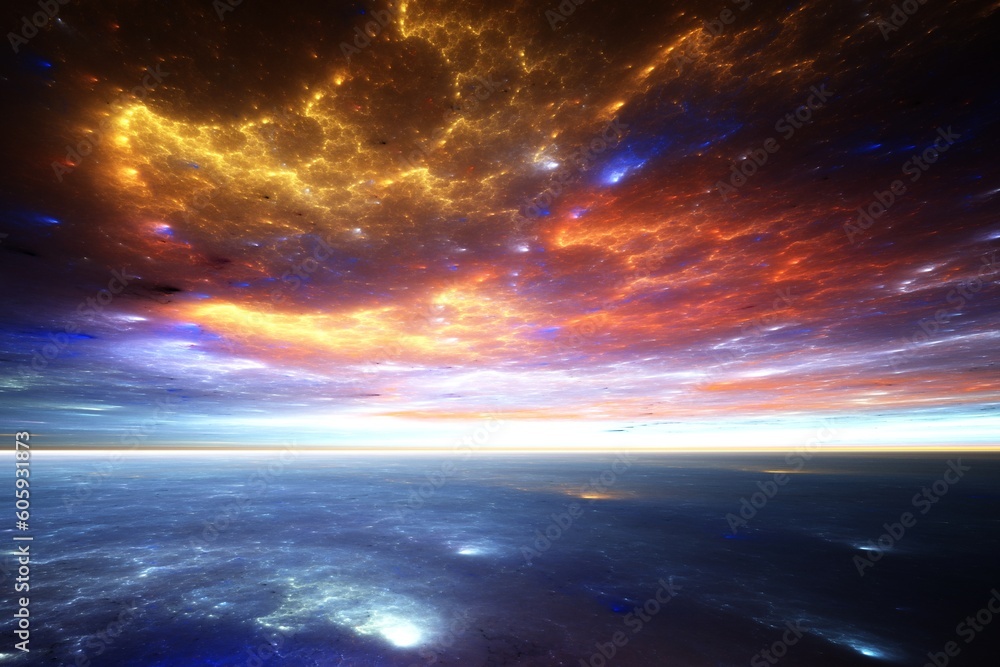 Fractal horizon – surreal fiery sunset over an alien ocean Fractal horizon – surreal fiery sunset over an alien ocean