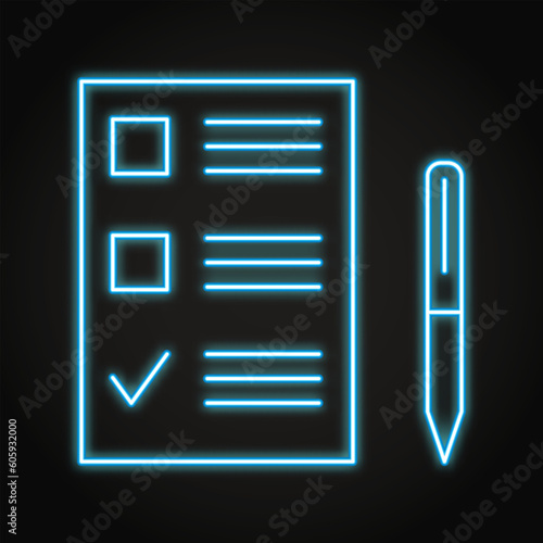 Ballot paper with tick symbol neon icon