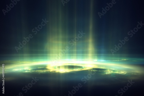 Columns of green light rising into darkness – digital rendering