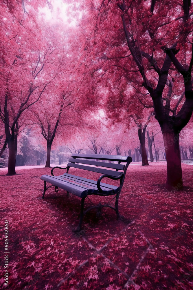 A park bench under some pink leaves surrounded by trees. AI generative