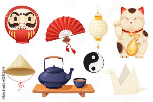 Japan set with traditional elements fun, maneki neko cat, origami crane, teapot with tea cups, daruma doll and lantern in cartoon style isolated on white background.