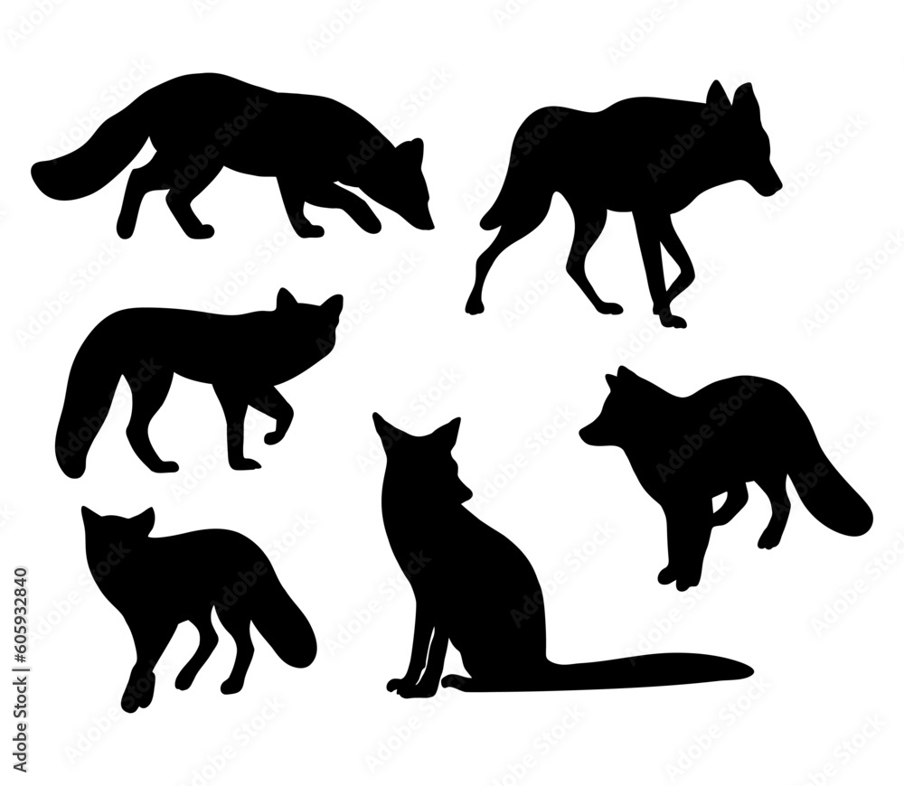 Collection silhouettes wild forest animals fox and wolf. Vector illustration. Isolated hand drawings predators on white background for design.