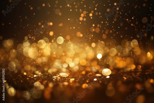 Golden glitter particles on a dark backdrop with bokeh lights and shiny particles. Festive decoration for luxury party and celebration. AI Generative.