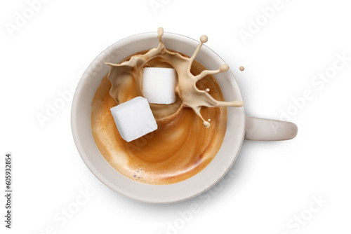 Simple Foamy Coffee with Sugar Cubes Dropped In To It Overhead Generative AI