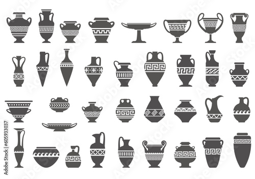 Greek vases silhouettes. Ancient amphoras and pots with meander pattern. Glyph illustration. Clay ceramic earthenware. Vector. photo