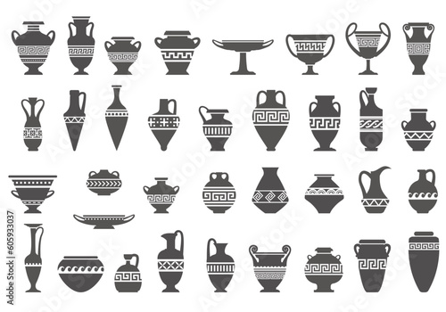 Greek vases silhouettes. Ancient amphoras and pots with meander pattern. Glyph illustration. Clay ceramic earthenware. Vector.