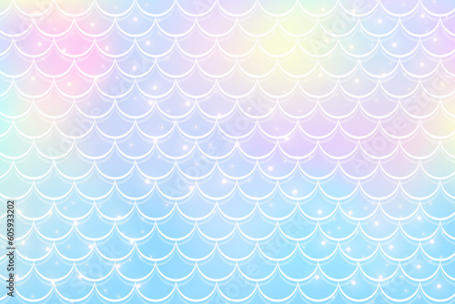 Mermaid holographic background in fantasy style with scales. Unicorn pink gradient texture. Sea fish kawaii vector backdrop.