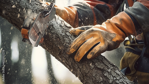 illustrazione di primo piano di  mani di falegname o giardiniere che taglia un albero con strumenti adatti, macete, sega, motosega, creata con ai photo