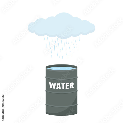 Large metal barrel for the accumulation of rainwater with rain cloud. Conservation and reasonable use of water. Collecting rainwater for watering garden plants. Isolated on white background.