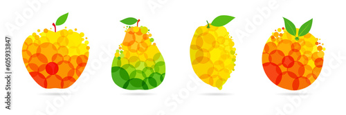 Apple, pear, lemon and peach set of abstract colorful fruits design. Creative concept icons of mango, pear, lemon, orange for label of fresh juice or lemonade. Vector illustration
