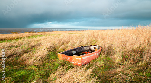 Old wooden boat in the reed next to the north sea on the Island Romo in Denmark, stormy weather in winter 