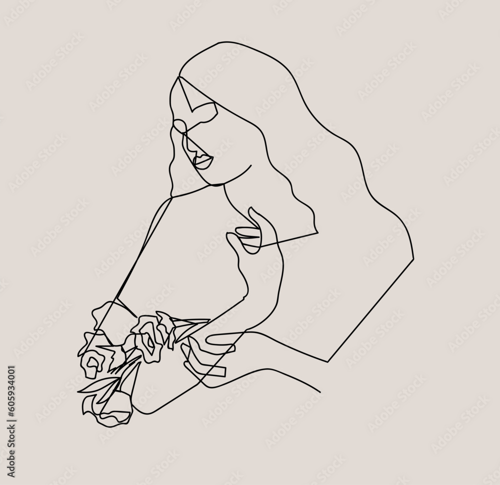 line woman portrait, freehand composition with continuous line. Beauty fashion female young figure, design for print, card, poster line woman portrait, freehand composition with continuous line. Beauty fashion female young figure, design for print, card, poster