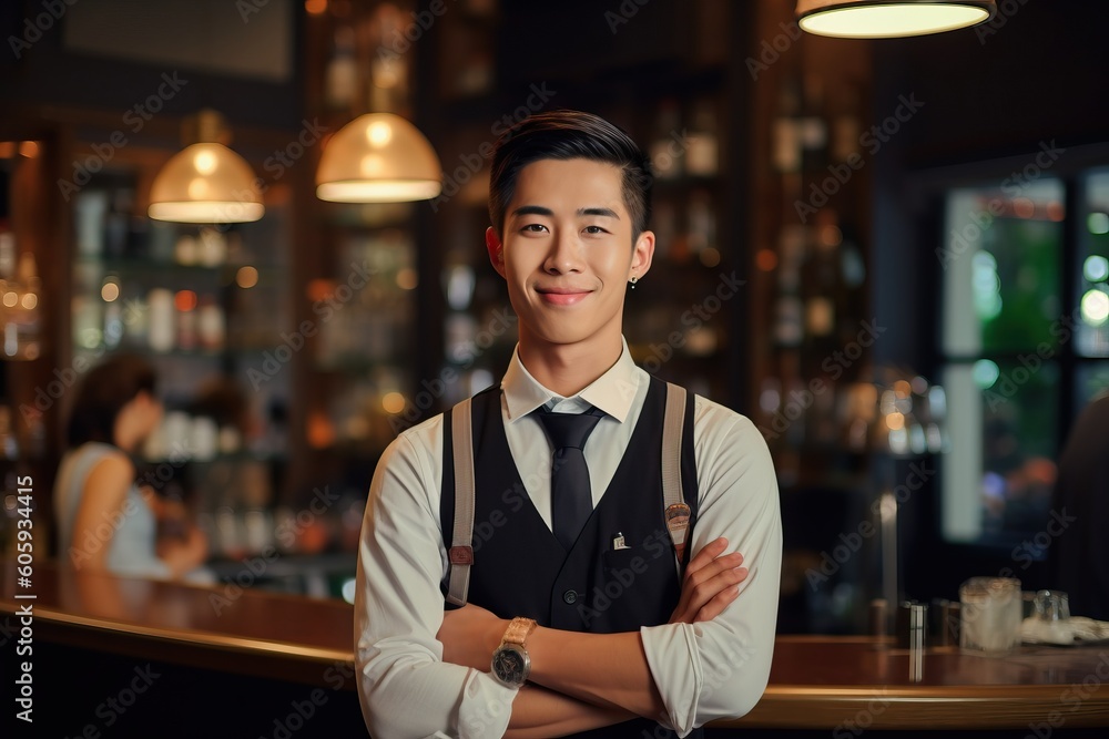 Fototapeta premium Portrait a waiter smiling confident AI Generative