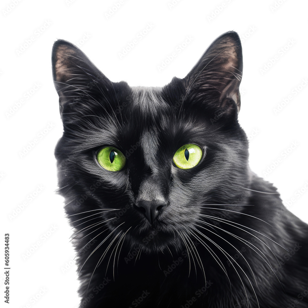 a Black cat with emerald green eyes, portrait, stealthily pet, piercing eyes, Pet-themed, photorealistic illustrations in a PNG, cutout, and isolated. Generative AI a Black cat with emerald green eyes, portrait, stealthily pet, piercing eyes, Pet-themed, photorealistic illustrations in a PNG, cutout, and isolated. Generative AI