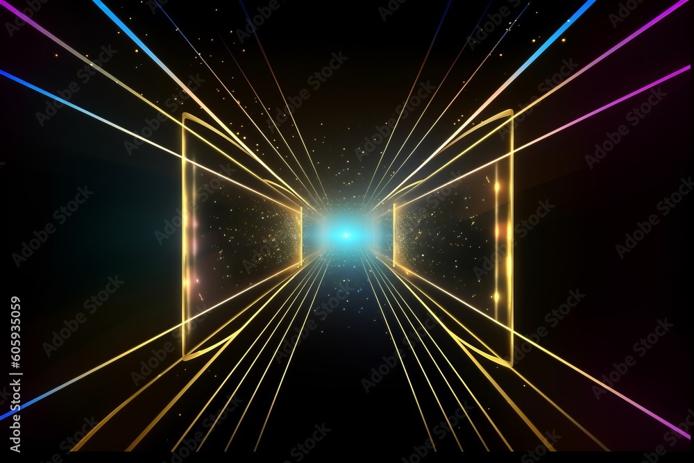 Fototapeta premium Step into a Spectrum of Vibrant Colors: Virtual Abstract Background Space Tunnel with Neon Line Lights and Reality Square Portal Arch Tunnel Laser Show, Generative AI.