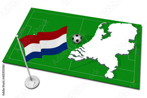 Paesi bassi. Olanda. Bandiera nazionale con in primo piano pallone da calcio. Sport football - Illustrazione 3D. photo