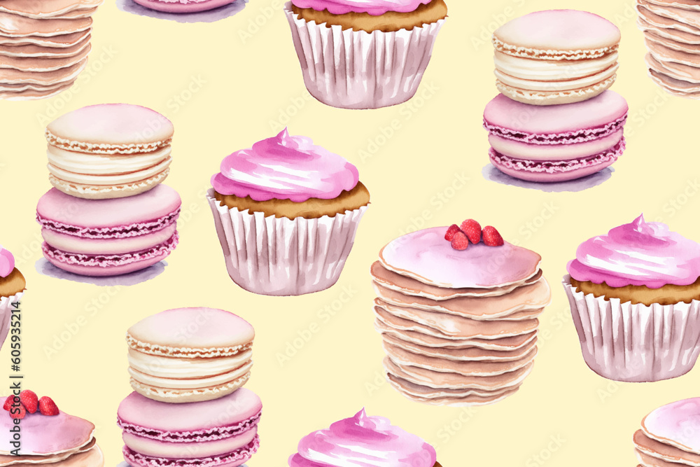 Watercolor seamless pattern with cupcake, macaroon and pancake on light beige background. Watercolor seamless pattern with cupcake, macaroon and pancake on light beige background.