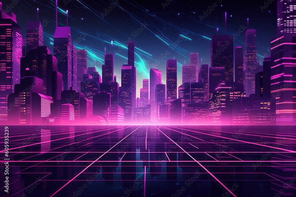 Experience the Futuristic Charm of a Retrowave City with Neon Grid, Generative AI. Experience the Futuristic Charm of a Retrowave City with Neon Grid, Generative AI.